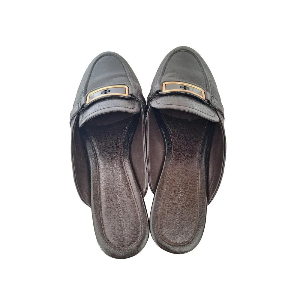 Tory Burch Black Leather Loafers Mules Slides Shoes Size 10.M